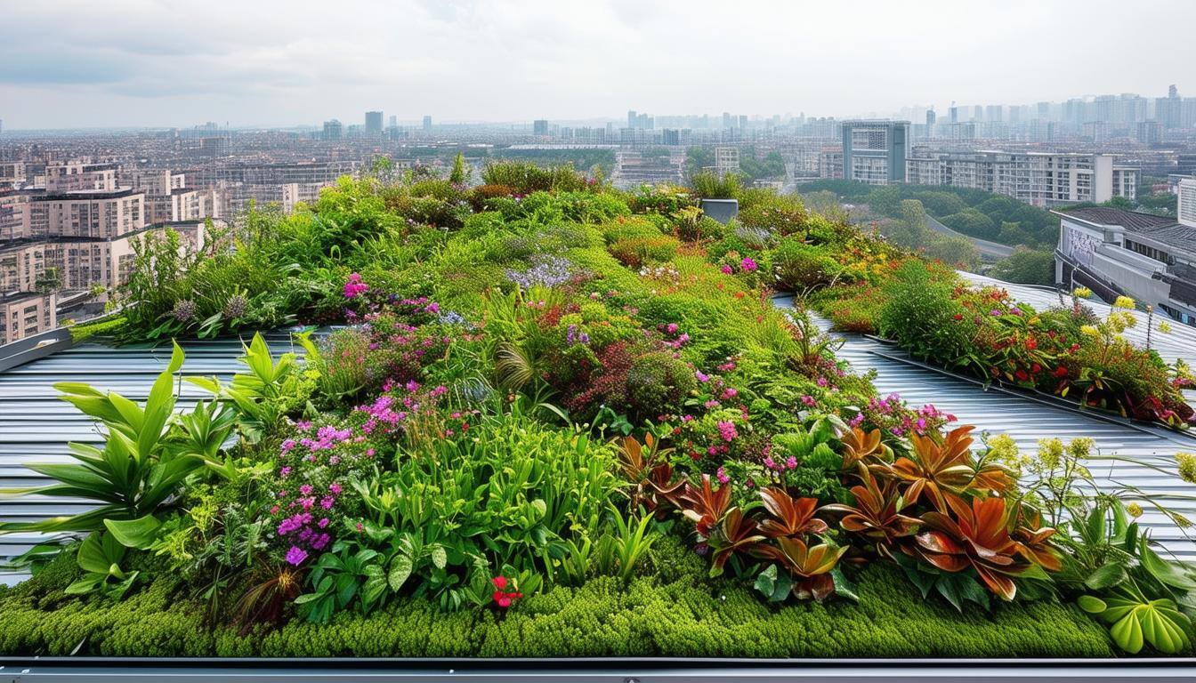 An intensive green roof filled with plants and flowers, with a panoramic view of a city